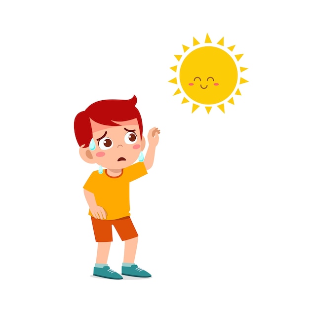 Premium Vector | Happy cute kid boy feels so thirsty because of hot ...