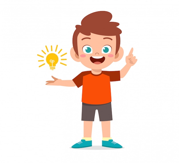 Premium Vector | Happy cute kid boy holding lamp idea