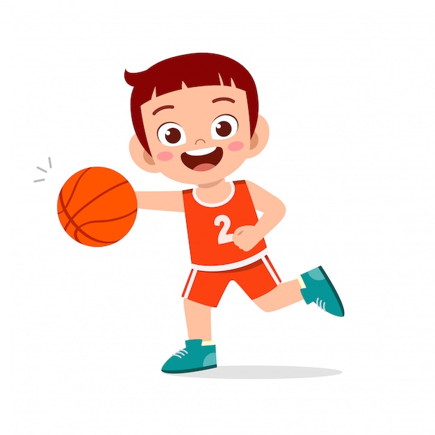 幸せなかわいい子供男の子プレイ鉄道バスケットボールイラスト プレミアムベクター