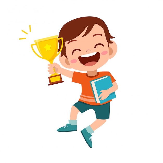 Premium Vector | Happy cute kid boy win game gold trophy