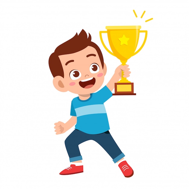 Premium Vector Happy Cute Kid Boy Win Game Gold Trophy