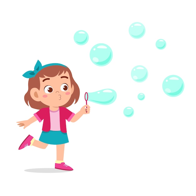 Premium Vector | Happy cute kid girl blow bubble soap