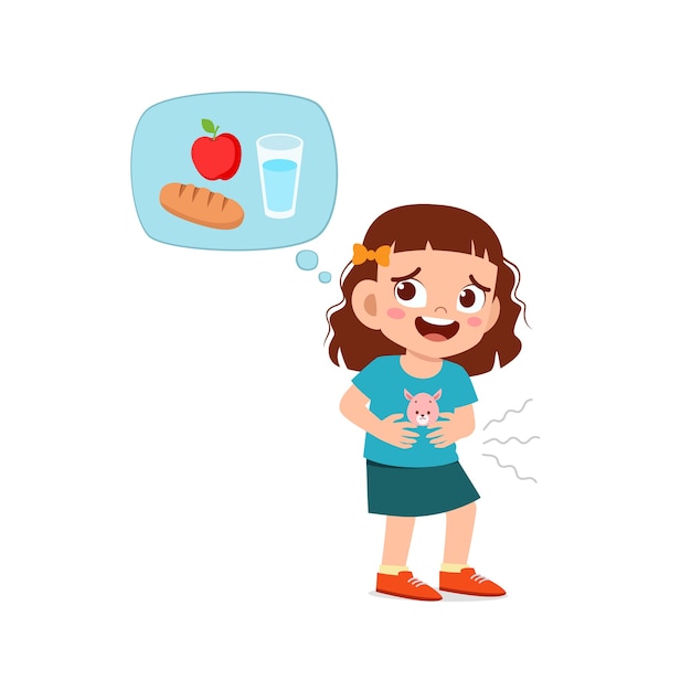 Premium Vector | Happy cute kid girl feels hungry want to eat and ...
