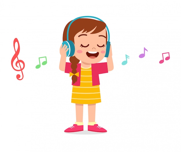 Premium Vector Happy Cute Kid Girl Listen To Music