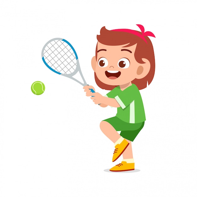幸せなかわいい子供女の子プレイテニスイラスト プレミアムベクター