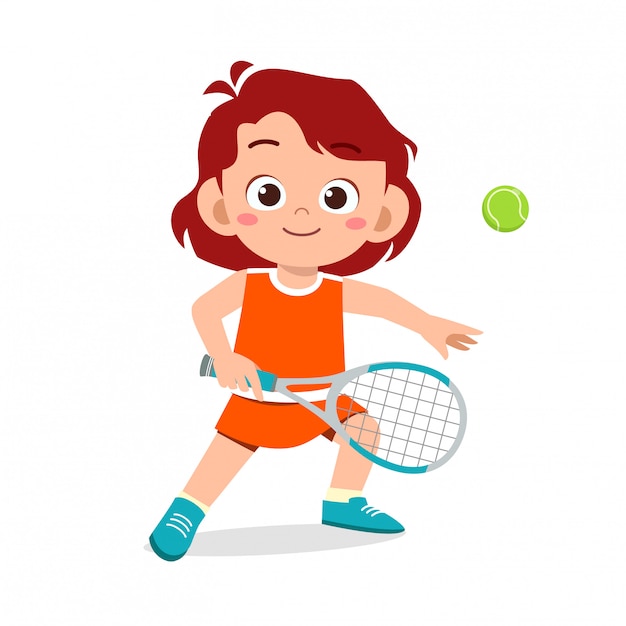 プレミアムベクター 幸せなかわいい子供女の子プレイテニス