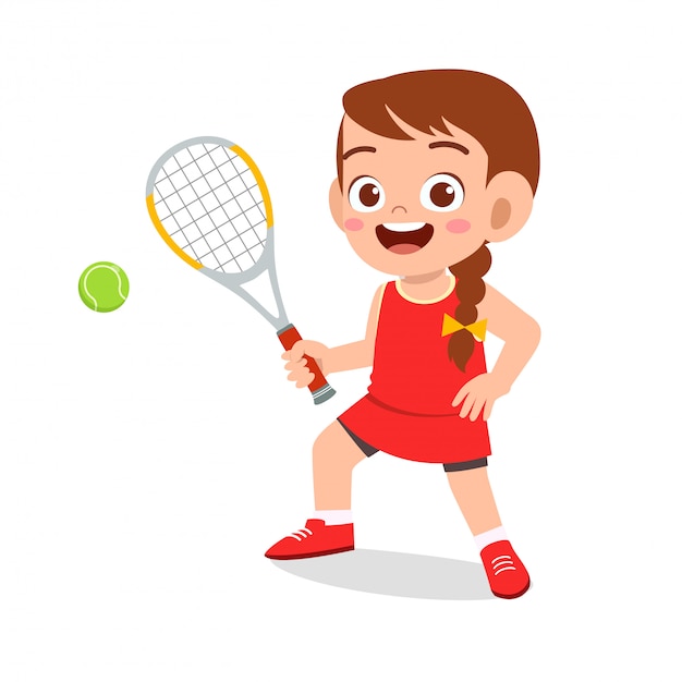幸せなかわいい子供女の子プレイテニス プレミアムベクター