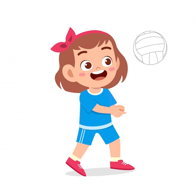 幸せなかわいい子供女の子プレイバレーボール プレミアムベクター