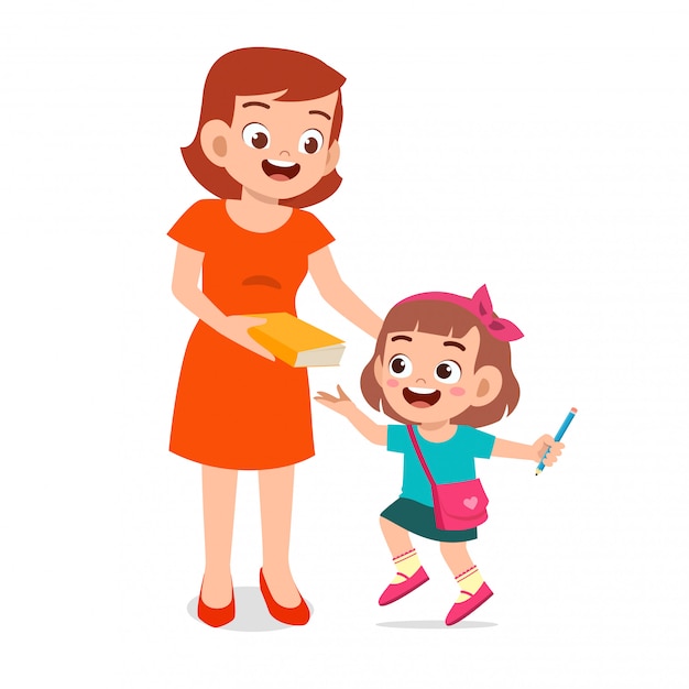 Premium Vector Happy Cute Kid Girl Prepare To Go To School With Mom