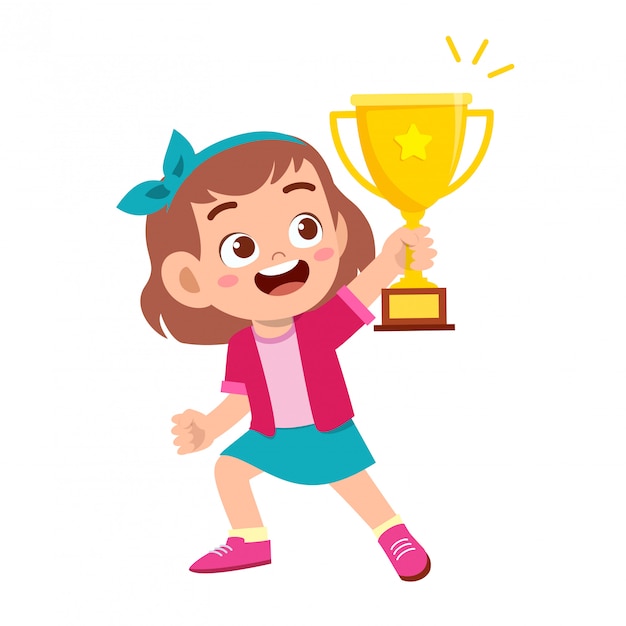 Premium Vector Happy Cute Kid Girl Win Game Gold Trophy