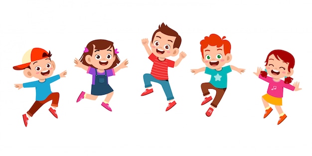 Premium Vector | Happy cute kid jump with friend set