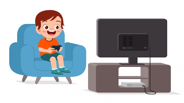 Happy cute kid play video game alone | Premium Vector