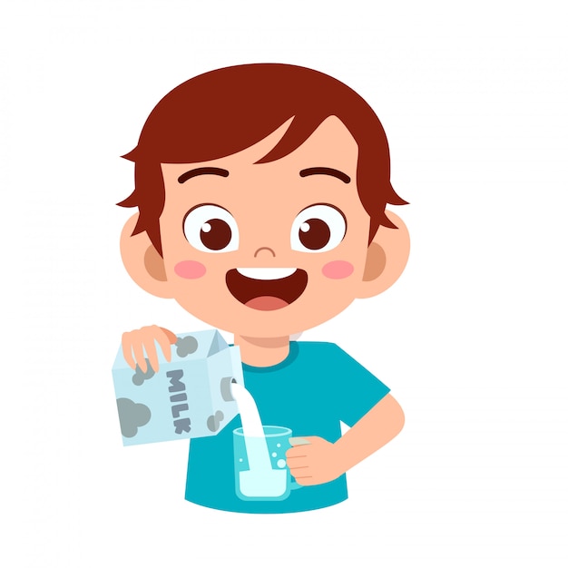 Premium Vector | Happy cute kid pour water to glass