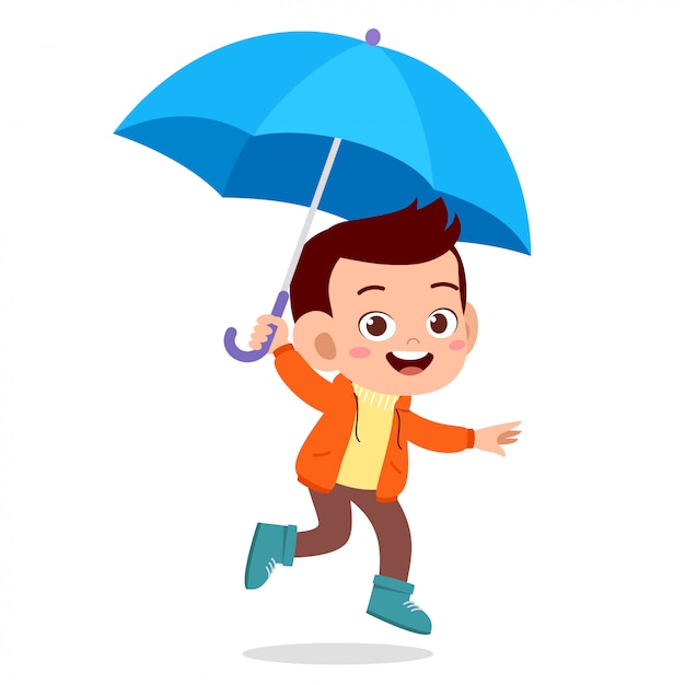 Premium Vector | Happy cute kid use umbrella rain day