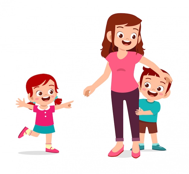 Premium Vector | Happy cute kids girl and boy play with mom