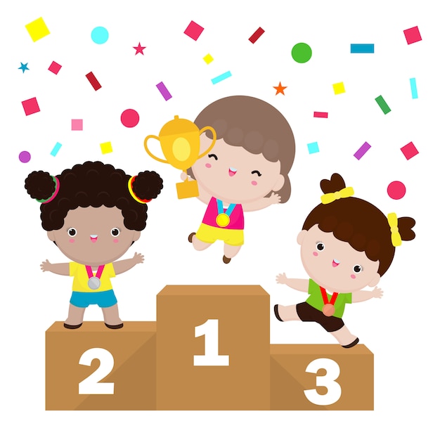 Premium Vector | Happy cute kids girls win on podium, children with ...