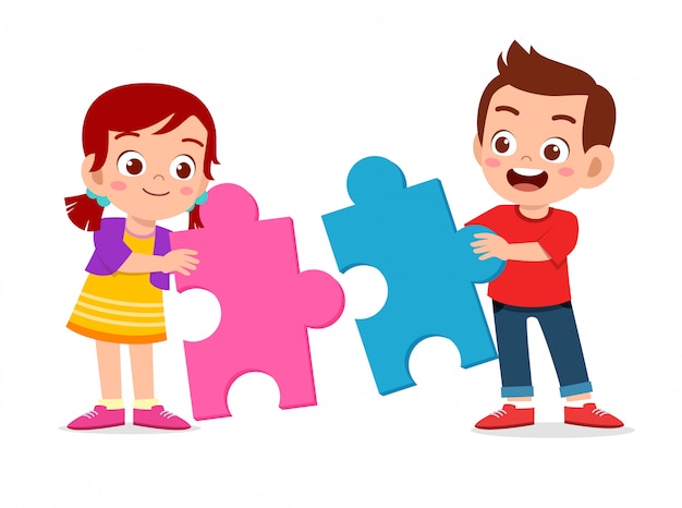 Premium Vector | Happy cute kids play solve puzzle together