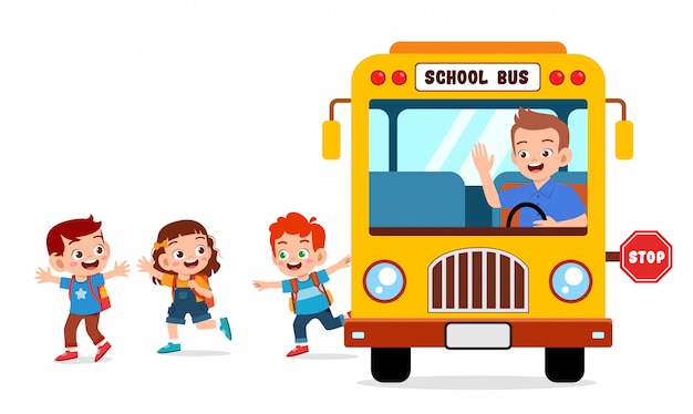 Premium Vector | Happy cute kids ride bus from school