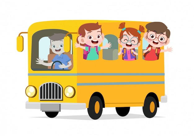 Premium Vector | Happy cute kids ride bus to school