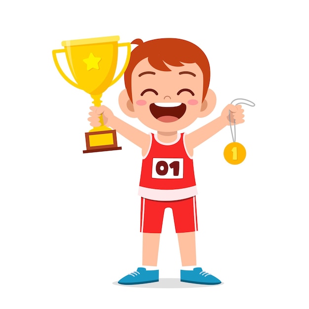 Download Premium Vector | Happy cute little boy holding gold medal ...