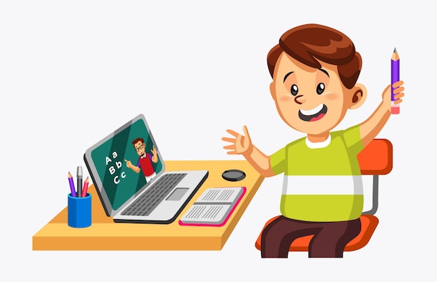 Premium Vector | Happy cute little boy do online school with laptop ...