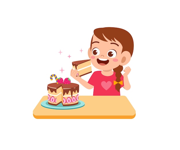 Premium Vector Happy Cute Little Girl Eat A Birthday Cake