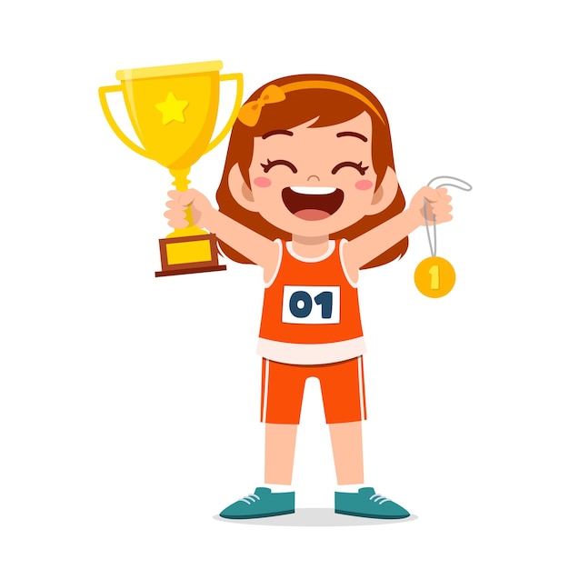 Download Premium Vector | Happy cute little girl holding gold medal ...