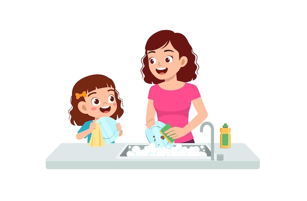 Premium Vector | Happy cute little girl washing dish with mother