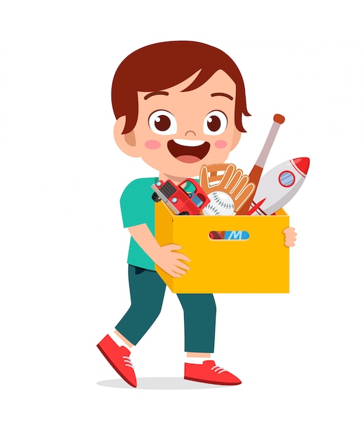 Happy Cute Little Kid Boy Carry Box Of Toys Premium Vector