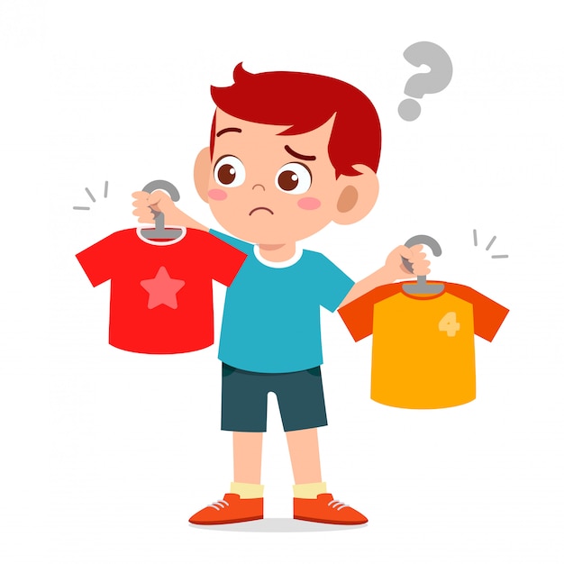 Happy cute little kid boy choose clothes | Premium Vector