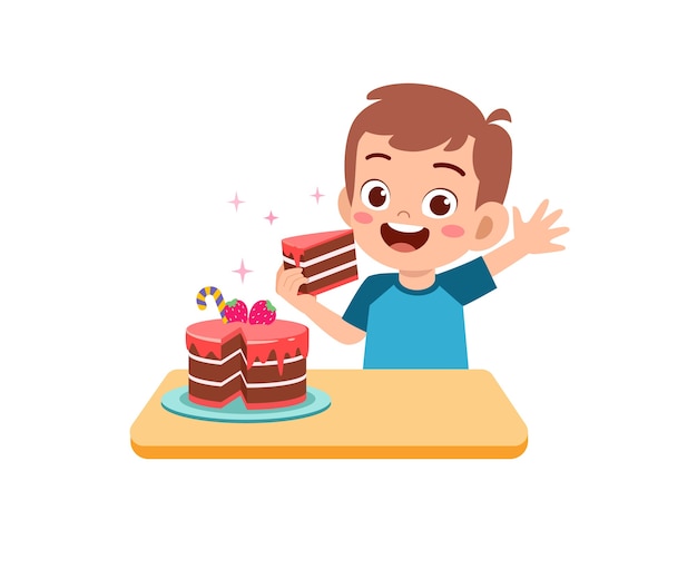 Premium Vector Happy Cute Little Kid Boy Eat A Birthday Cake