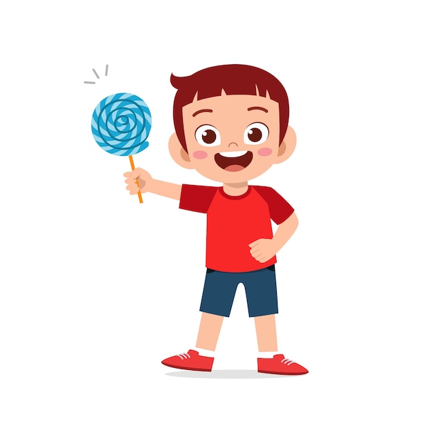 Premium Vector | Happy cute little kid boy eat candy and sweets