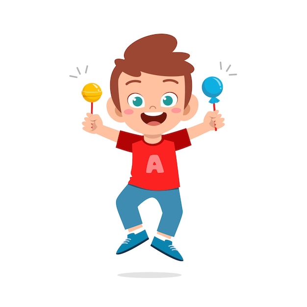 Premium Vector | Happy cute little kid boy eat candy and sweets