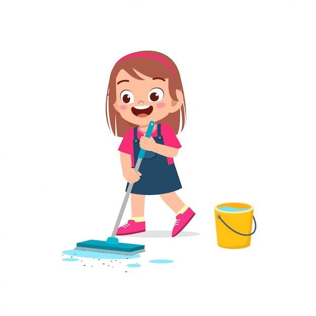 Premium Vector | Happy cute little kid boy and girl do chores cleaning ...