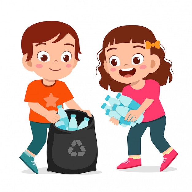 Happy cute little kid boy and girl collect trash | Premium Vector