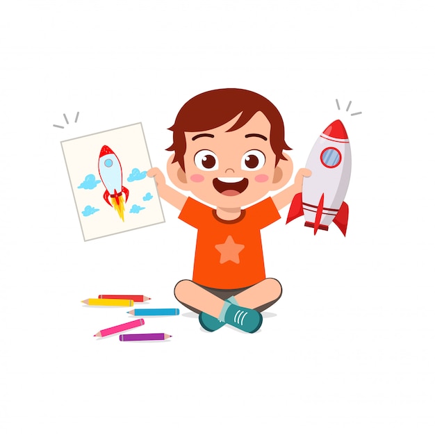 Premium Vector Happy Cute Little Kid Boy And Girl Draw With Crayon On Paper