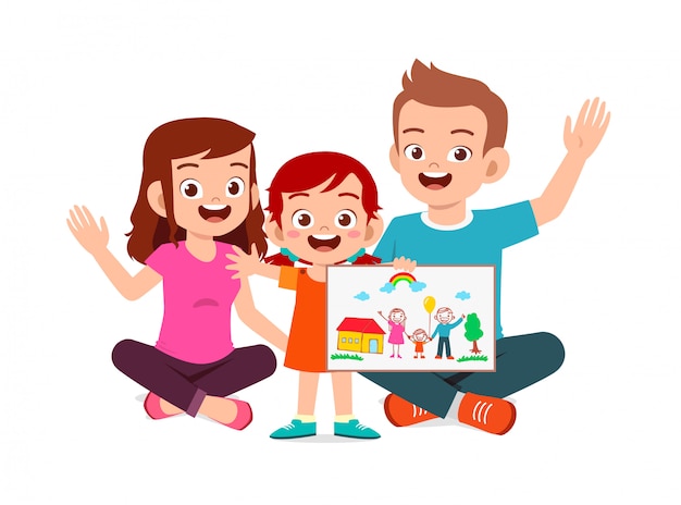Premium Vector Happy Cute Little Kid Boy And Girl Draw With Crayon On Paper