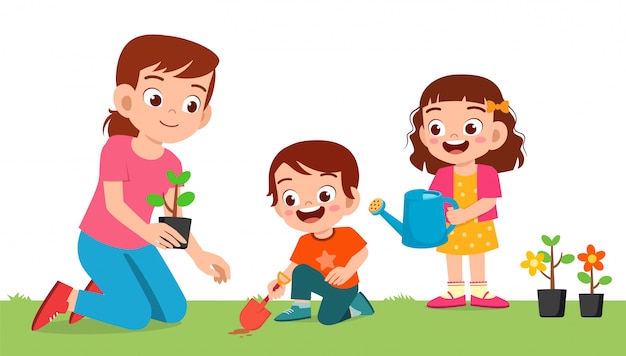 Download Happy cute little kid boy and girl plant flower with mom ...