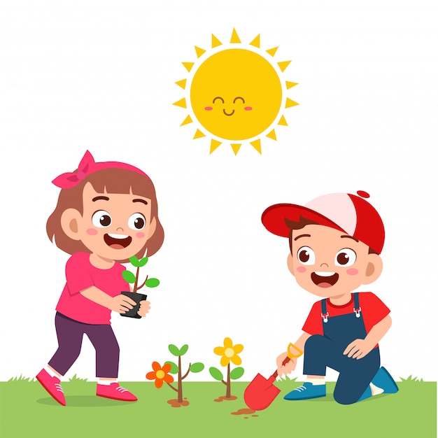 Premium Vector | Happy cute little kid boy and girl plant flower