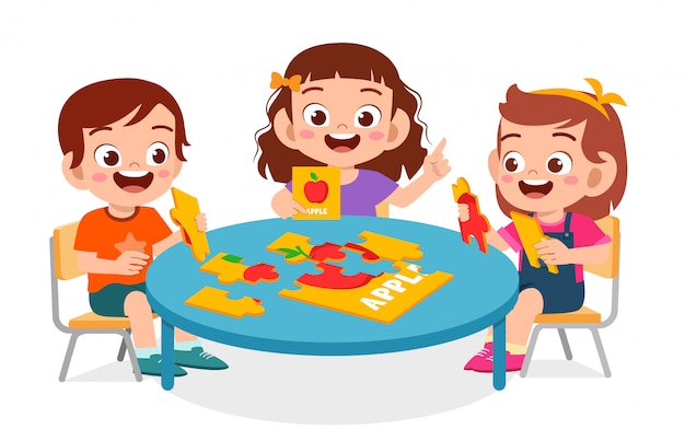 Premium Vector Happy Cute Little Kid Boy And Girl Play Jigsaw Puzzle