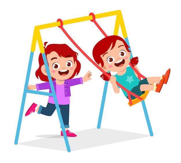 Premium Vector | Happy cute little kid boy and girl play swing