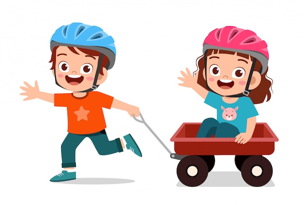 Happy cute little kid boy and girl play toy wagon Premium Vector