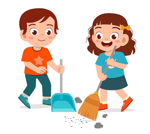 Happy Cute Little Kid Boy And Girl Sweeping Floor Premium Vector