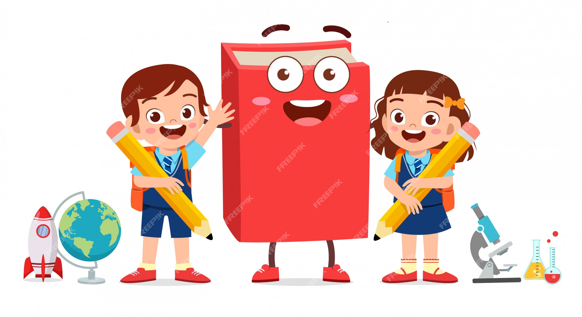 Premium Vector | Happy cute little kid boy and girl with book mascot