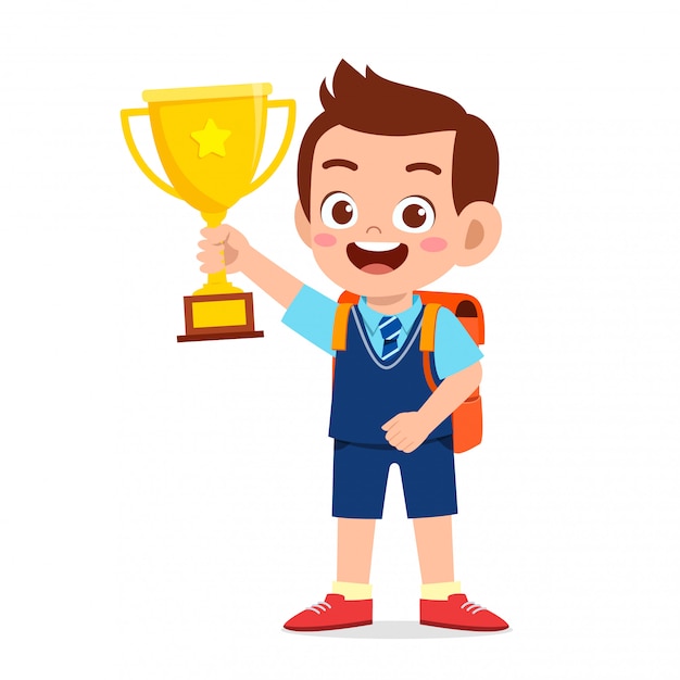 Happy cute little kid boy holding trophy | Premium Vector