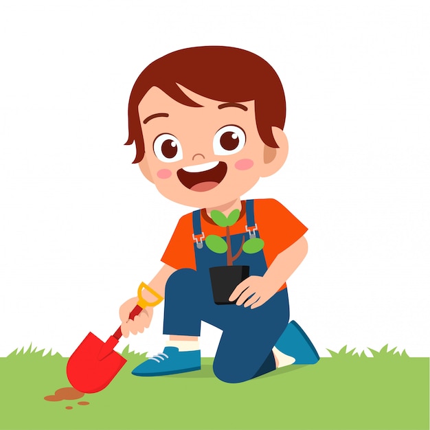 Premium Vector | Happy cute little kid boy plant tree in garden