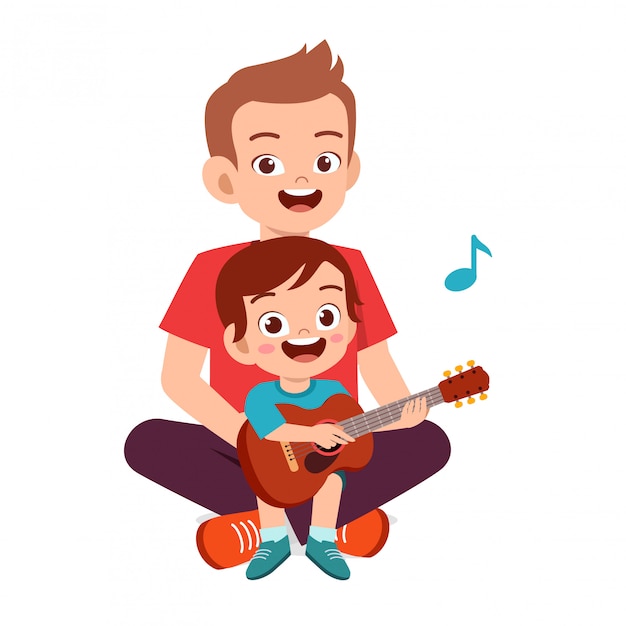 Download Premium Vector | Happy cute little kid boy play guitar ...