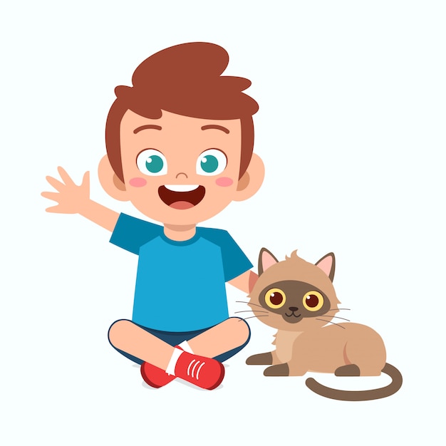 Happy cute little kid boy play with pet cat | Premium Vector