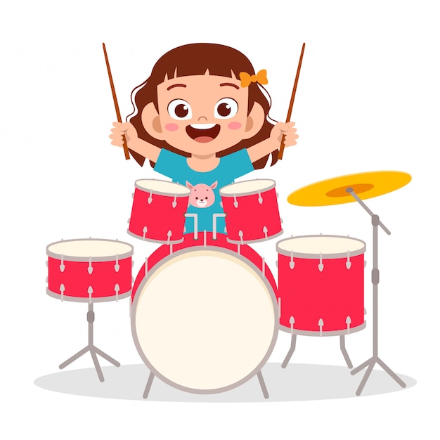 幸せなかわいい子供男の子がドラムを演奏 プレミアムベクター
