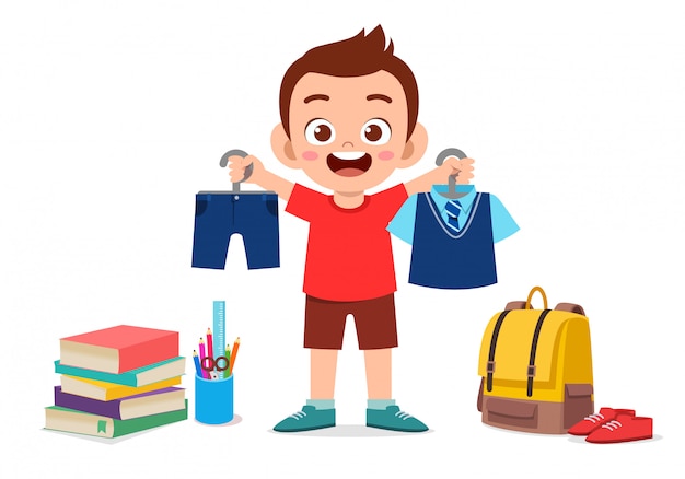 Premium Vector Happy Cute Little Kid Boy Preparing Uniform For School